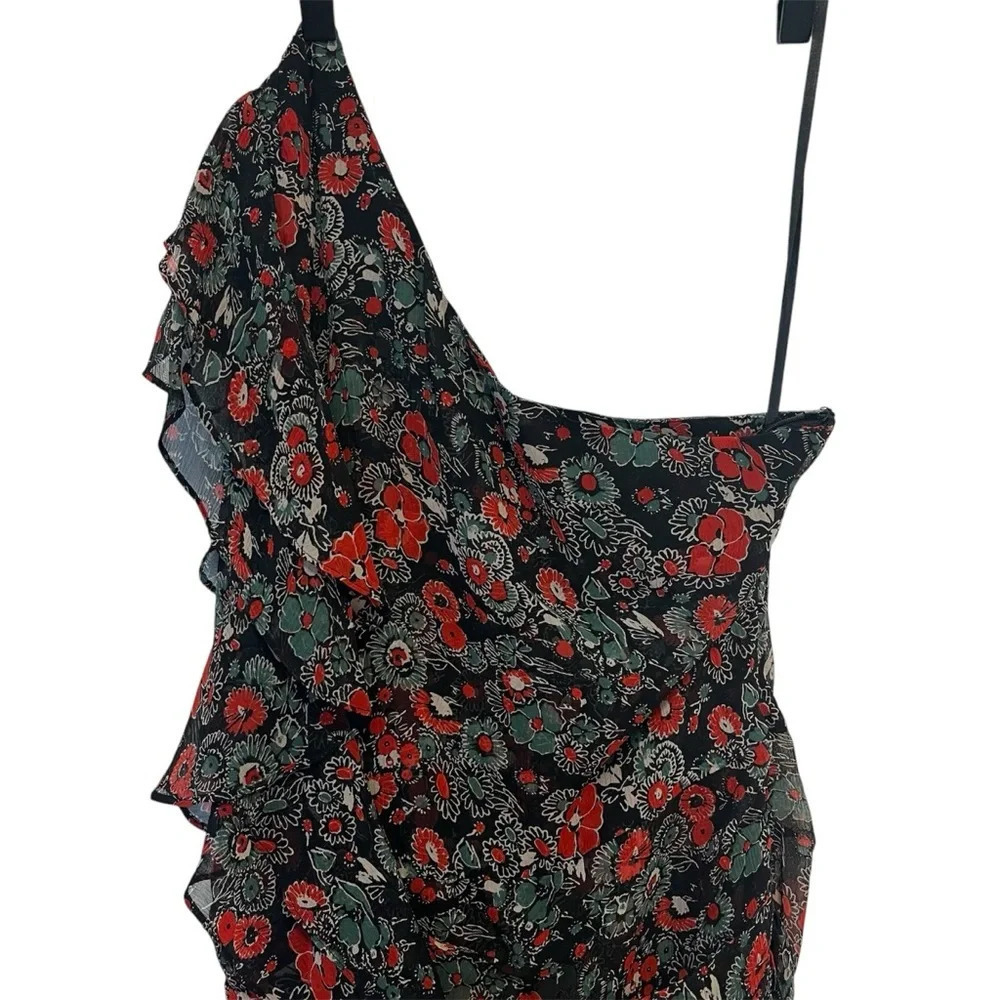 Veronica Beard Black One-Shoulder Floral Ruffle Mini Dress - Picture 7 of 13